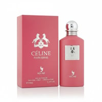 Volare Celine pour Femme – Pink perfume bottle and matching box with silver horse emblem and cap, 100ml