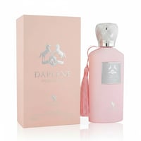 Volare Darlene Pour Femme – Pink perfume bottle with silver cap and tassel, next to a matching pink box with silver emblem and text.