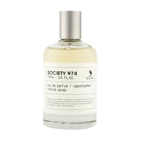 Volare Society 974 — Clear glass perfume bottle with a silver cap, filled with pale yellow liquid, on a white background.