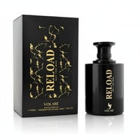 Volare Reload Nuit by Volare Man 100ml EDP — Kotak minyak wangi hitam dengan corak marmar emas di sebelah botol minyak wangi hitam bertulis emas.