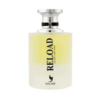 Volare Reload Silver by Volare – Man 100 ml for Him — A frosted glass perfume bottle with a silver cap and a black band, containing yellow liquid. The label features black text and a bird silhouette.