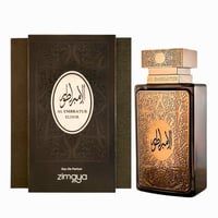 Zimaya Al Embratur Elixir — A dark glass perfume bottle with ornate gold detailing and a matching ornate gold cap, presented next to its dark, textured presentation box with an oval label.