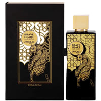 Zimaya Brave Heart EDP 100ml Unisex — Black box and bottle with gold leopard and geometric pattern, gold cap.