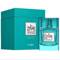 Zimaya Mazaaj Rhythm by Zimaya 100 ml EDP Unisex — Teal box and turquoise glass perfume bottle with white label and gold accents