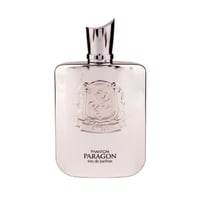 Zimaya Phantom Paragon by Zimaya EDP 100ml Man — Botol minyak wangi metalik perak dengan lambang dan penutup terimbas, berlatar belakang putih.
