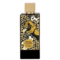 Zimaya Royal Leather by Zimaya EDP 100ml — Black perfume bottle with gold cap, featuring a leaping gold horse illustration on a black and gold ornate pattern.