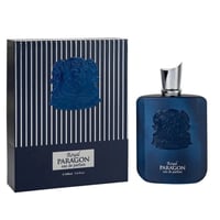 Zimaya Royal Paragon by Zimaya EDP 100ml Man — Blue striped box and blue square perfume bottle with silver cap, both featuring a blue crest emblem.