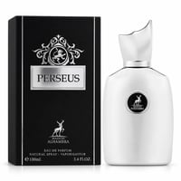 Maison Alhambra Perseus by Maison Alhambra 100ml EDP Men — Black textured box with silver emblem and text 'PERSEUS', next to a sleek white perfume bottle with a silver cap and a circular logo.