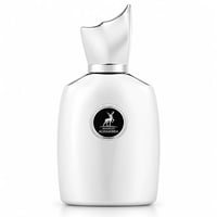 Maison Alhambra Perseus by Maison Alhambra 100ml EDP Men — White perfume bottle with a unique, sculpted silver cap and a black circular emblem featuring a deer silhouette and brand name.