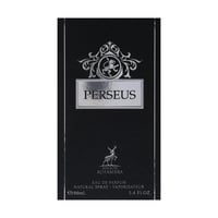 Maison Alhambra Perseus Exclusif by Maison Alhambra 100ml — Black perfume box with silver ornate crest and lion emblem above the name PERSEUS, and a deer silhouette below the brand name MAISON ALHAMBRA. | Maison Alhambra Perseus Exclusif by Maison Alhambra 100ml — Kotak minyak wangi hitam dengan lambang berukir perak