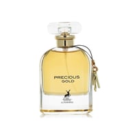 Maison Alhambra Precious Gold 80ml by Maison Alhambra — A clear glass perfume bottle with golden liquid, a clear faceted cap, and a black string with gold charms hanging from the neck. The label reads "PRECIOUS GOLD" with a deer silhouette and "MAISON ALHAMBRA" below. | Maison Alhambra Precious Gold 80ml by Maison