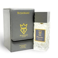 Bujairami Psycho by Bujairami 100ml Extrait — Clear patterned glass perfume bottle with a dark grey textured cap, next to a dark grey leather-like presentation box with gold logo and text.