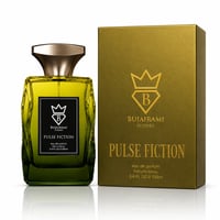 Bujairami Pulse Fiction — Green glass perfume bottle with gold cap next to a gold box, both featuring the Bujairami logo and product name.