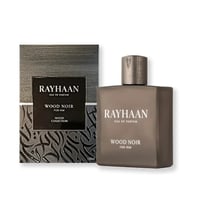 Rayhaan Woody Noir Eau De Parfum — A perfume bottle and its box are displayed side-by-side against a white background. The bottle is dark grey with a metallic cap, and the box has a wood grain texture and intricate dark grey patterns. | Rayhaan Woody Noir Eau De Parfum — Sebotol minyak wangi dan kotaknya dipamerkan