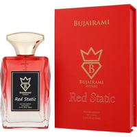 Bujairami Red Static Eau de Parfum — Red glass perfume bottle with gold cap next to its red branded box, both featuring a gold crown and 'B' logo.