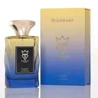 Bujairami Resolution by Bujairami 100ml EDP — Glass perfume bottle with blue-to-yellow gradient, gold cap, and black label, next to its matching yellow-to-blue gradient box.