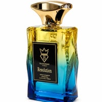 Bujairami Resolution by Bujairami 100ml EDP — A rectangular glass perfume bottle with a gradient of yellow to blue, featuring a black label with gold crown and text, topped with a shiny gold cap.