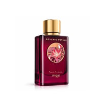 Zimaya Reverie Petals by Zimaya 100ml EDP Women — Rectangular deep red glass perfume bottle with a gold cap, featuring a circular emblem with a pink lotus flower design.