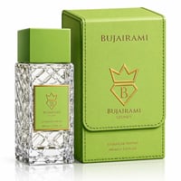 Bujairami Rizz by Bujairami 100ml Extrait — Clear faceted glass perfume bottle with green cap and label, next to a matching green presentation box with gold logo.