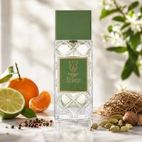 Bujairami Rizz by Bujairami 100ml Extrait — Clear glass perfume bottle with a green cap and label, surrounded by citrus fruits, spices, and dried roots on a marble surface with dappled light.