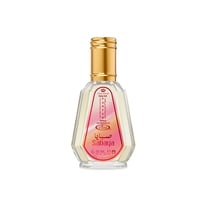 Al Rehab Sabaya by Al-Rehab 50ml EDP — A clear faceted glass bottle with a gold cap, containing a pale pink liquid. The label features pink and white text with Arabic script. | Al Rehab Sabaya by Al-Rehab 50ml EDP — Botol kaca faset jernih dengan penutup emas, mengandungi cecair merah jambu pucat. Label menampilkan