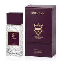 Bujairami Sacred Order by Bujairami 100ml Extrait — Clear faceted glass perfume bottle with a deep purple cap and gold label, next to its matching deep purple presentation box with gold lettering and logo.