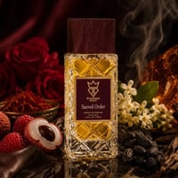 Bujairami Sacred Order by Bujairami 100ml Extrait — Clear glass perfume bottle with a dark wooden cap, featuring a maroon label with gold crown and text. Surrounded by red roses, saffron threads, lychees, white flowers, and dark raisins.