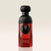 Bujairami Sacred Skin 100ml Extrait Unisex — Red glass perfume bottle with black textured cap and gold emblem, against a plain cream background.