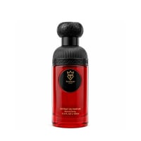 Bujairami Sacred Skin Bujairami 100ml Extrait Unisex — Red glass perfume bottle with a black textured cap and a black circular label featuring a gold crown logo and brand name.