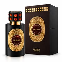 French Avenue Shadow Absolus by French Avenue Extrait Unisex — Black perfume bottle with ornate gold label and jeweled cap, next to its dark brown box with gold squares and matching label.