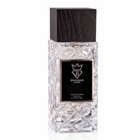 Bujairami Shadow Script - Bujairami 100ml Extrait. Clear faceted glass bottle with a textured black wooden cap. Black label with silver crown and 'B' logo.