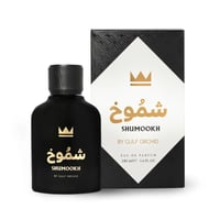 Gulf Orchid Shumookh Parfum 100ml — Botol hitam legam dengan penutup hitam dan logo mahkota emas, diletakkan di sebelah kotak putih dan hitam dengan tulisan emas.