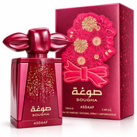 Asdaaf Sougha by Asdaaf 100ml EDP Women — Red perfume bottle with gold speckles and ornate floral embossed box with a red bow.
