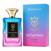 Bujairami Soul Fusion Intense — Gradient blue to pink glass perfume bottle with gold cap, next to its matching gradient box. Black label with gold crown logo.