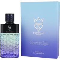 Bujairami Sovereign 100ml EDP — A hexagonal patterned glass bottle with a gradient of blue and green, topped with a black cap featuring a honeycomb design. Next to it is its matching blue gradient box with the Bujairami logo.