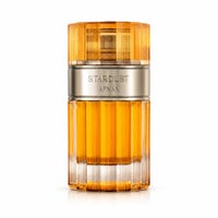 Afnan Stardust by Afnan 100ml Extrait Unisex — Minyak wangi warna ambar dalam botol kaca berlubang dengan penutup emas bergaris, di tengah latar belakang putih.