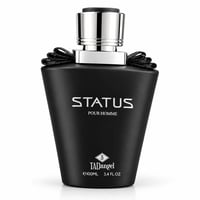 TADangel Status by TADangel 100ml EDP Lelaki — Botol hitam matte dengan penutup perak dan perincian reben hitam, tertulis 'STATUS POUR HOMME' dan logo jenama.