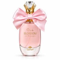 TADangel Pink Blossom 100ml EDP Wanita — Botol minyak wangi merah jambu dengan reben satin merah jambu besar dan penutup mahkota kristal, perincian emas, serta nama jenama TADangel di tapak.