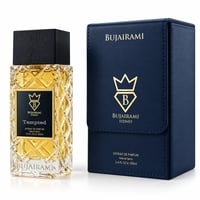 Bujairami Tempted by Bujairami 100ml Extrait Unisex — Gold-toned liquid in a textured glass bottle with a dark cap, next to a navy blue presentation box with gold branding.