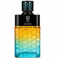 Bujairami The Rock Intensely — Black cap with honeycomb texture in blue and teal, black collar with Bujairami logo and 'The Rock Intensely' text, gradient glass bottle from yellow to blue with honeycomb pattern