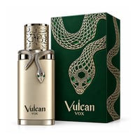 French Avenue Vulcan Vox — Botol emas dengan ular perak melilit lehernya, kotak hijau dengan rekaan ular emas, latar belakang putih.