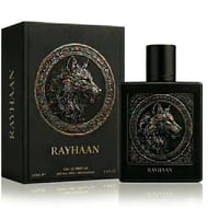 Rayhaan Wolf by Rayhaan 100ml EDP for Men — Black perfume box and bottle featuring a detailed embossed wolf head emblem with iridescent accents, set against a white background.