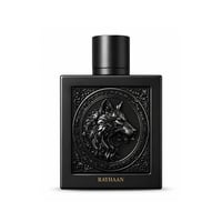 Rayhaan Wolf by Rayhaan 100ml EDP for Men — A black square perfume bottle with a detailed embossed wolf head design on the front and the brand name 'RAYHAAN' at the bottom.