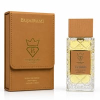 Bujairami Ya Habibi 100ml Extrait — Brown leather case with gold logo next to a clear glass perfume bottle with a wooden cap and gold label.