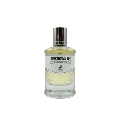 Maison Alhambra Unknown No Deep Woods — Clear glass perfume bottle with a silver cap, featuring a white label with black text and a deer silhouette.