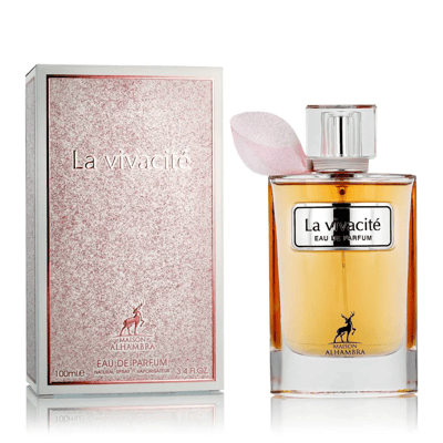 Maison Alhambra La Vivacite Eau De Parfum — Perfume bottle with golden liquid and clear cap, next to its pink glitter textured box with deer logo.