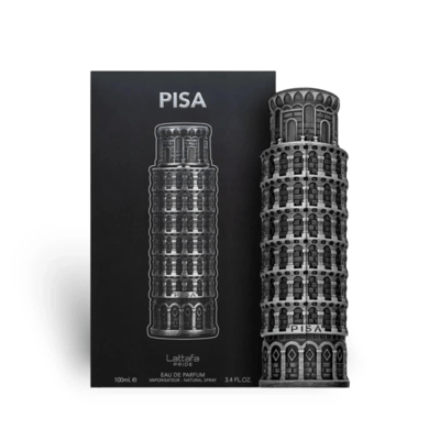 Lattafa Pride Pisa by Lattafa Pride 100ml EDP — The Leaning Tower of Pisa-shaped perfume bottle stands next to its black presentation box, both featuring intricate architectural details.