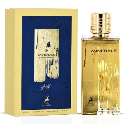 Maison Alhambra Minerale Gold by Maison Alhambra 100ml EDP — Gold bottle and matching gold and blue box with abstract gold design and deer logo