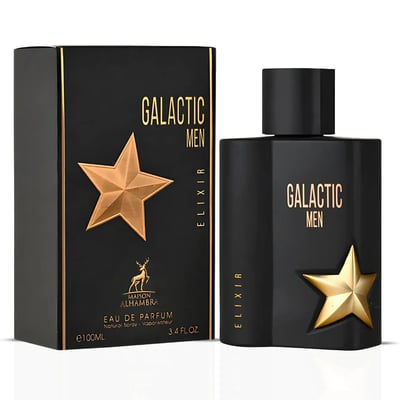 Maison Alhambra Galactic Man Elixir — Black perfume box and bottle with gold star accents and text, set against a white background.
