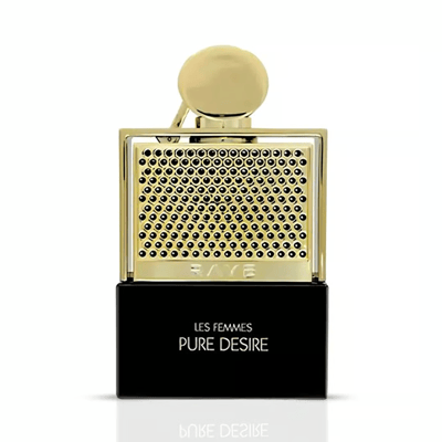 Rave Pure Desire Gold by Rave 100ml EDP — A gold-accented perfume bottle with a black base, featuring a textured gold cap and a grid pattern on the front.